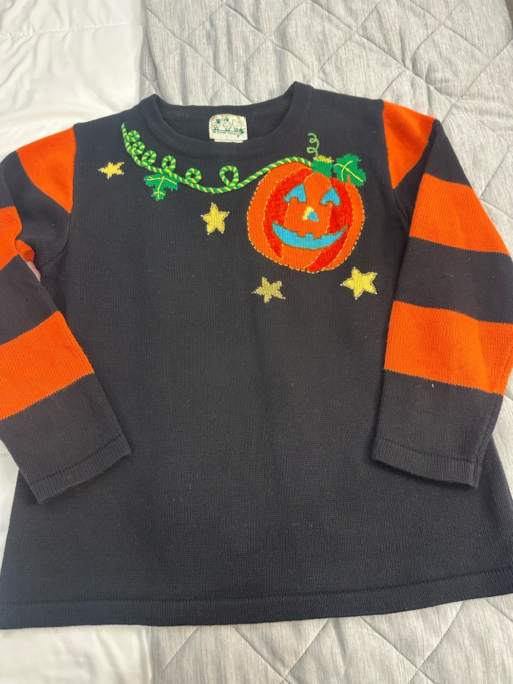 VTG Quacker Factory Halloween Sweater Womens Med Pumpkin Jack O'Lantern Striped